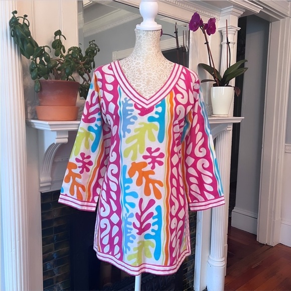 GRETCHEN SCOTT DESIGNS 100% Cotton Multi Color Leaf Print Split Neck Tunic Sz XS - Picture 4 of 12